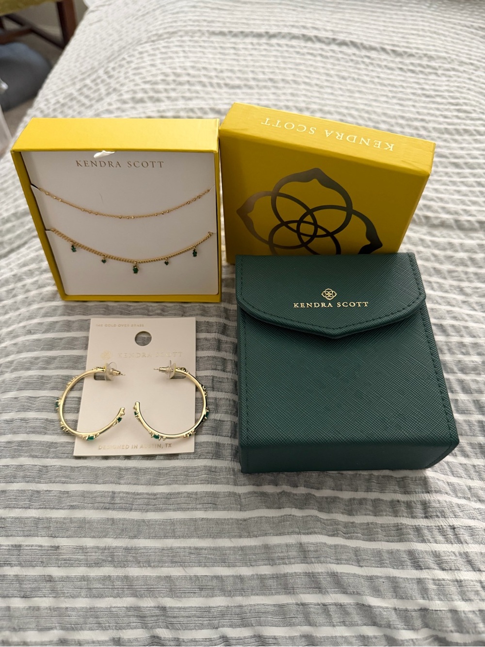 Kendra Scott Gold Layered Necklace and Gold Hoop Earrings with Green Accents